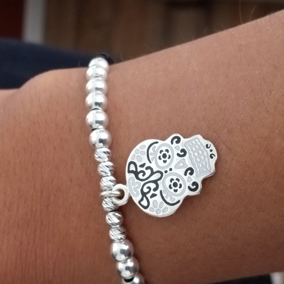 Sterling silver Halloween!Sugar skull Handmade Cloisonne Enamel bracelet - Picture 4 of 11